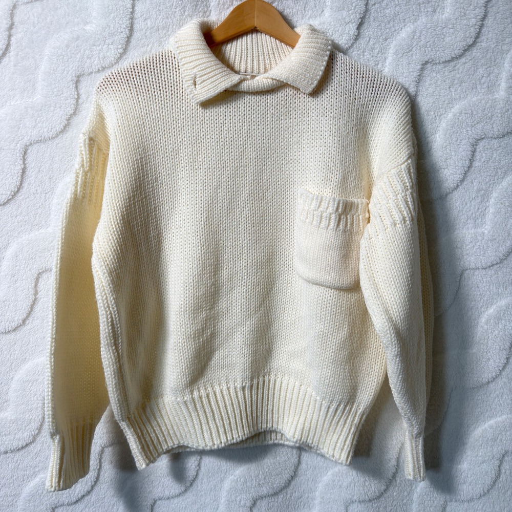 Gerard Works Sweater Cream Knit Grandmacore Collared Pocket Pullover Size S